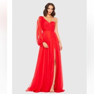 NWT Mac Duggal Red Flowy One Sleeve Chiffon Gown